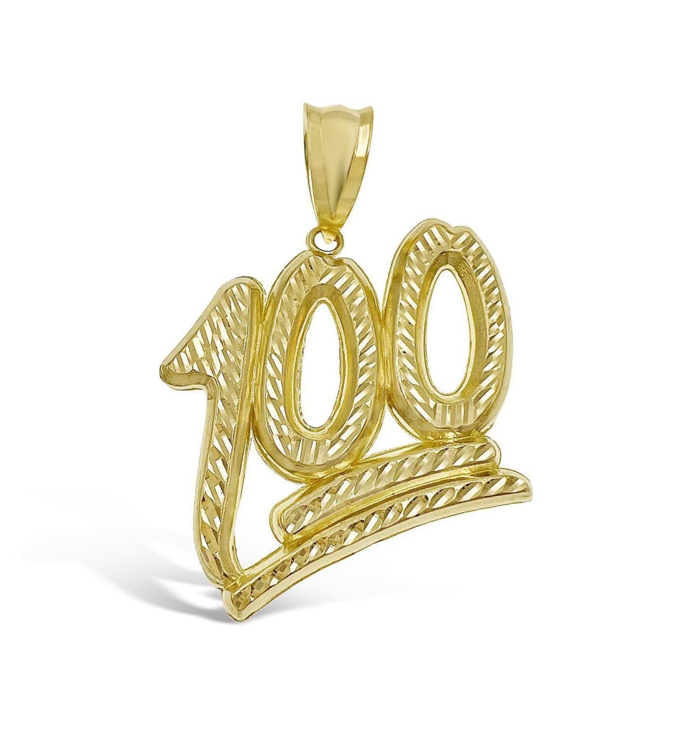 Hundred 100 Emoji Pendant Charm 10k Yellow Gold Diamond Cut 1.4 inch