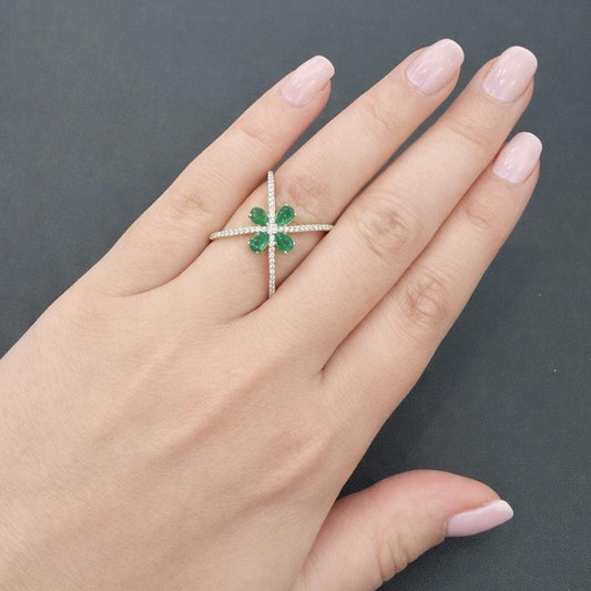 Emerald Diamond X Crossover Ring 14K Yellow Gold