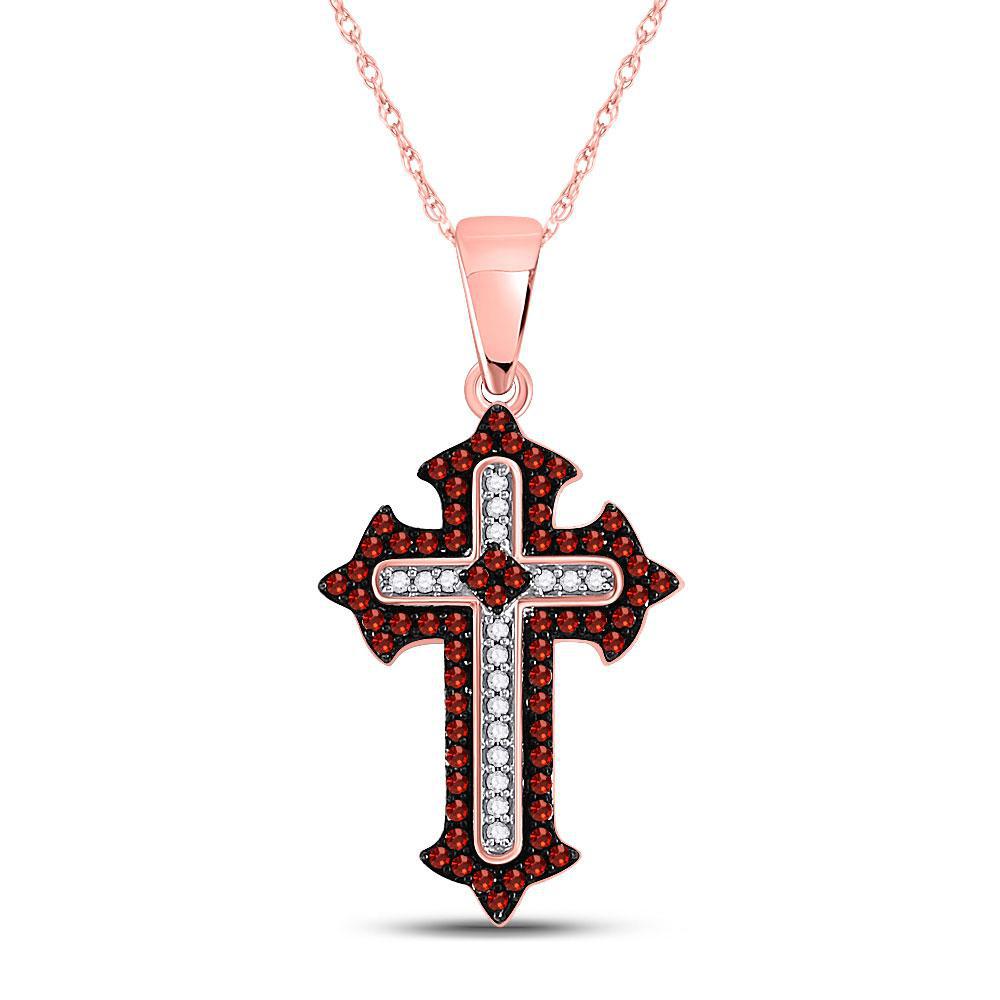 0.21ctw Diamond Cross Pendant Red White 10K Rose Gold Charm