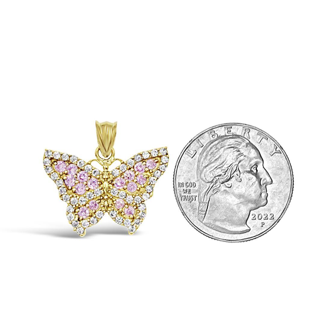Butterfly Pendant 10k Yellow Gold Pink CZ Charm 0.9 inch