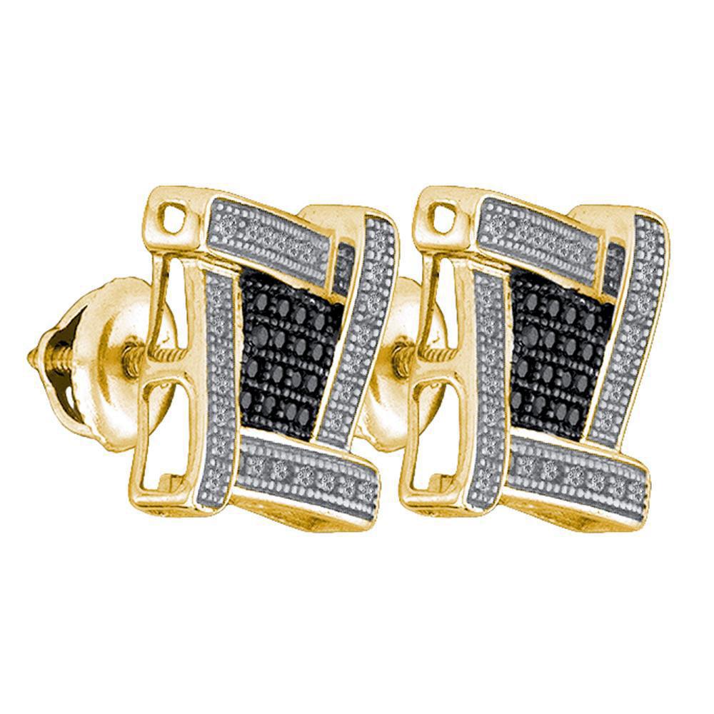 0.29ctw Black Diamond Mens Stud Square Earrings 925 Sterling Silver Yellow tone