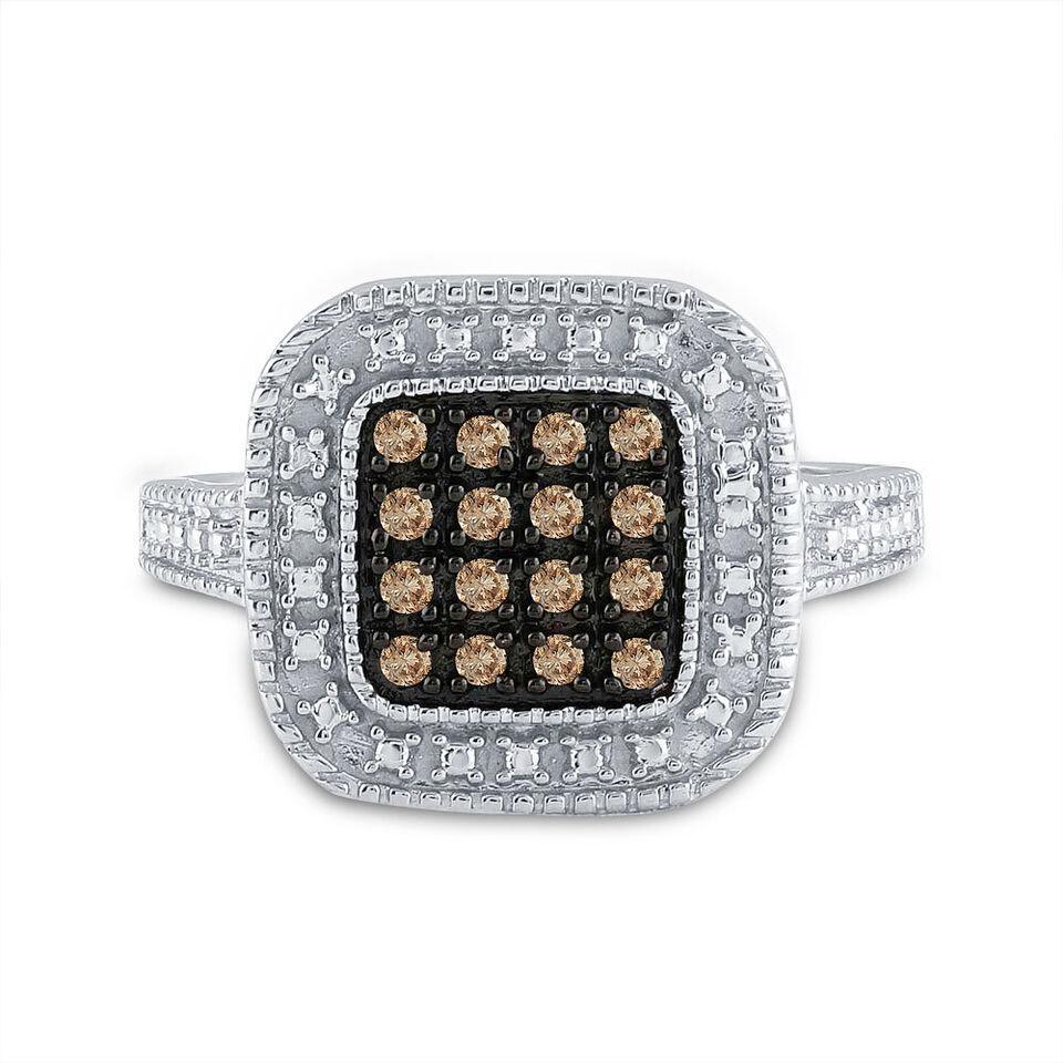 Natural Brown Diamond Square Cluster Womens Ring 925 Sterling Silver