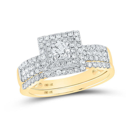 0.87 Cttw Round Diamond Square Halo Bridal Wedding Ring Band Set 14k Yellow Gold