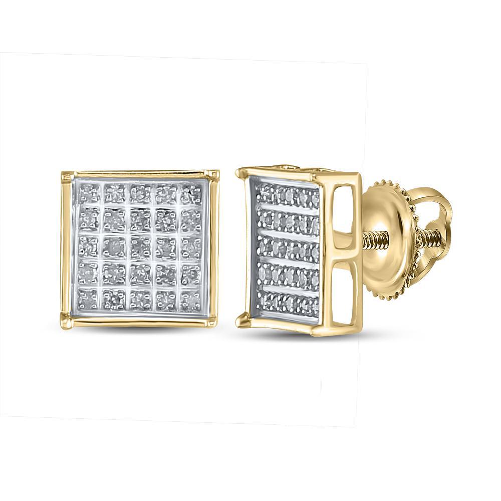 Diamond Square Stud Earrings 925 Sterling Silver Yellow tone Screw Back Mens