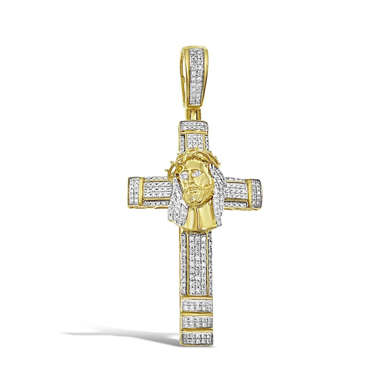 0.50 cttw Diamond Cross Jesus Head Pendant Mens Charm 10k Yellow Gold 2.2 inch