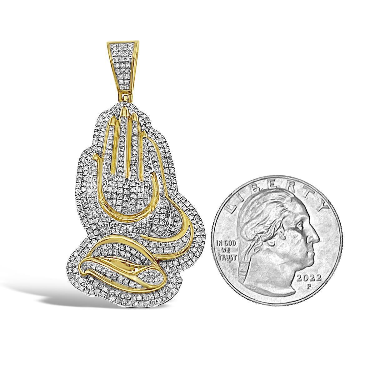 1.33 Cttw Round Diamond Praying Hands Mens Charm Pendant 10k Yellow Gold