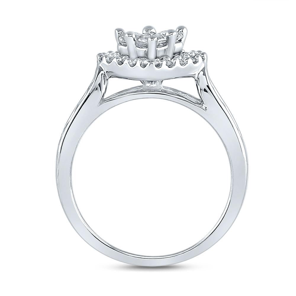 14k White Gold Princess Diamond Heart Cluster Bridal Wedding Ring Band Set 1Cttw