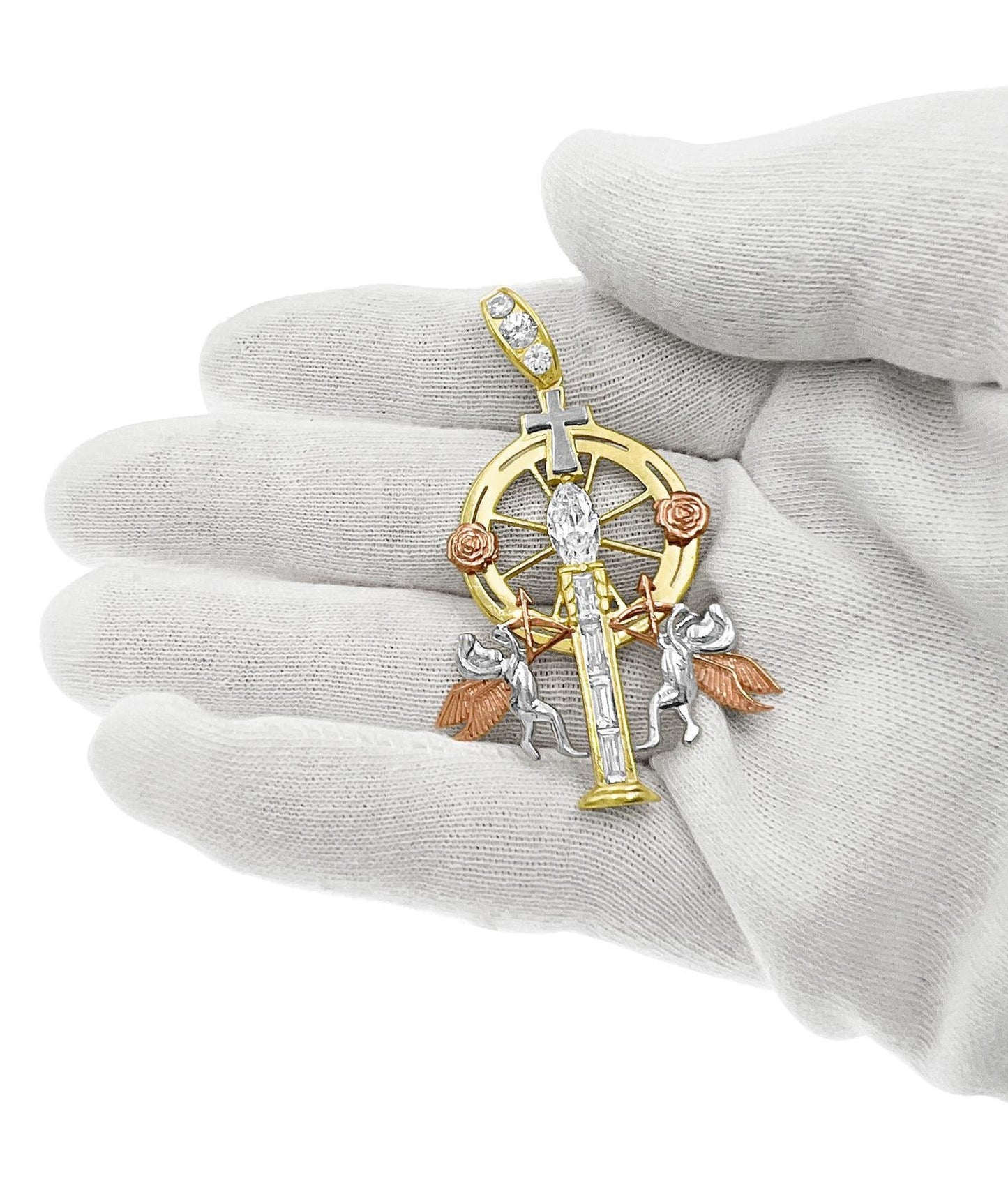 Cross Angels Pendant 10k Tri Color Gold Charm 2.2 inch