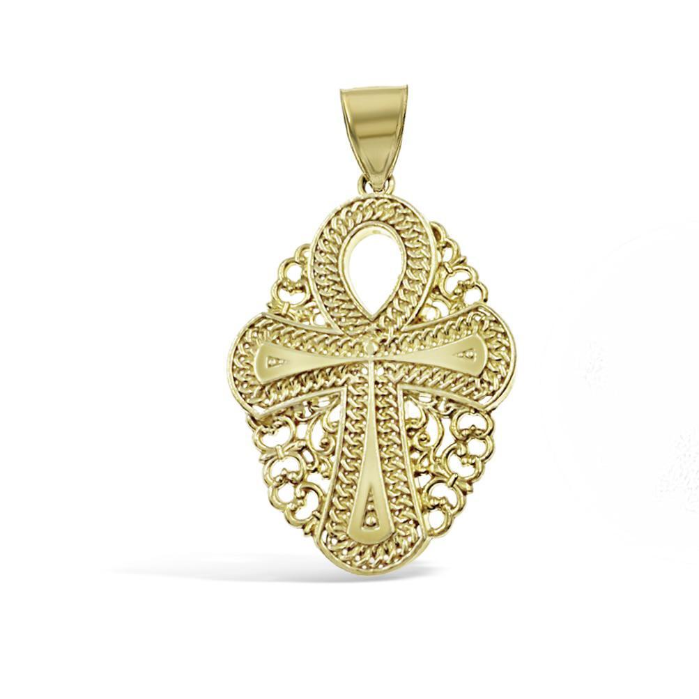 Egyptian Ankh Cross Filigree Pendant Charm 14k Yellow Gold 1.5 inch