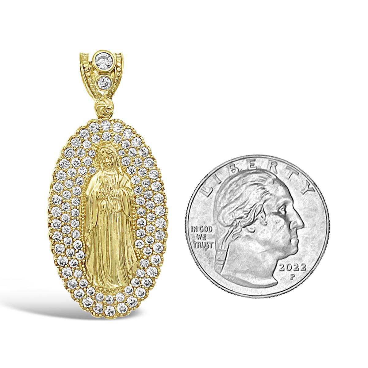 Virgin Mary Pendant 10k Gold Lady Guadalupe CZ Charm 1.7"