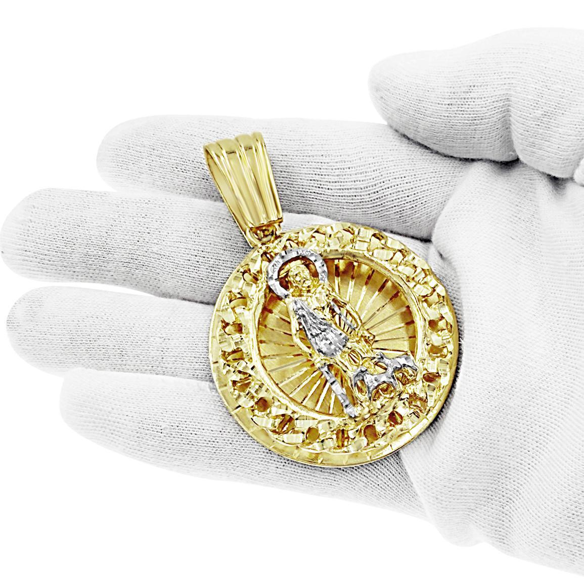 Saint Lazarus Pendant Medallion 10k Two Tone Gold Charm 2.4 inch