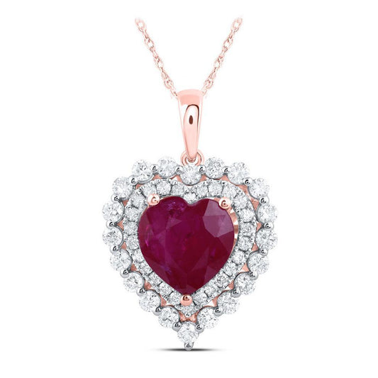 Ruby & Diamond Heart Halo Pendant 14K Rose Gold