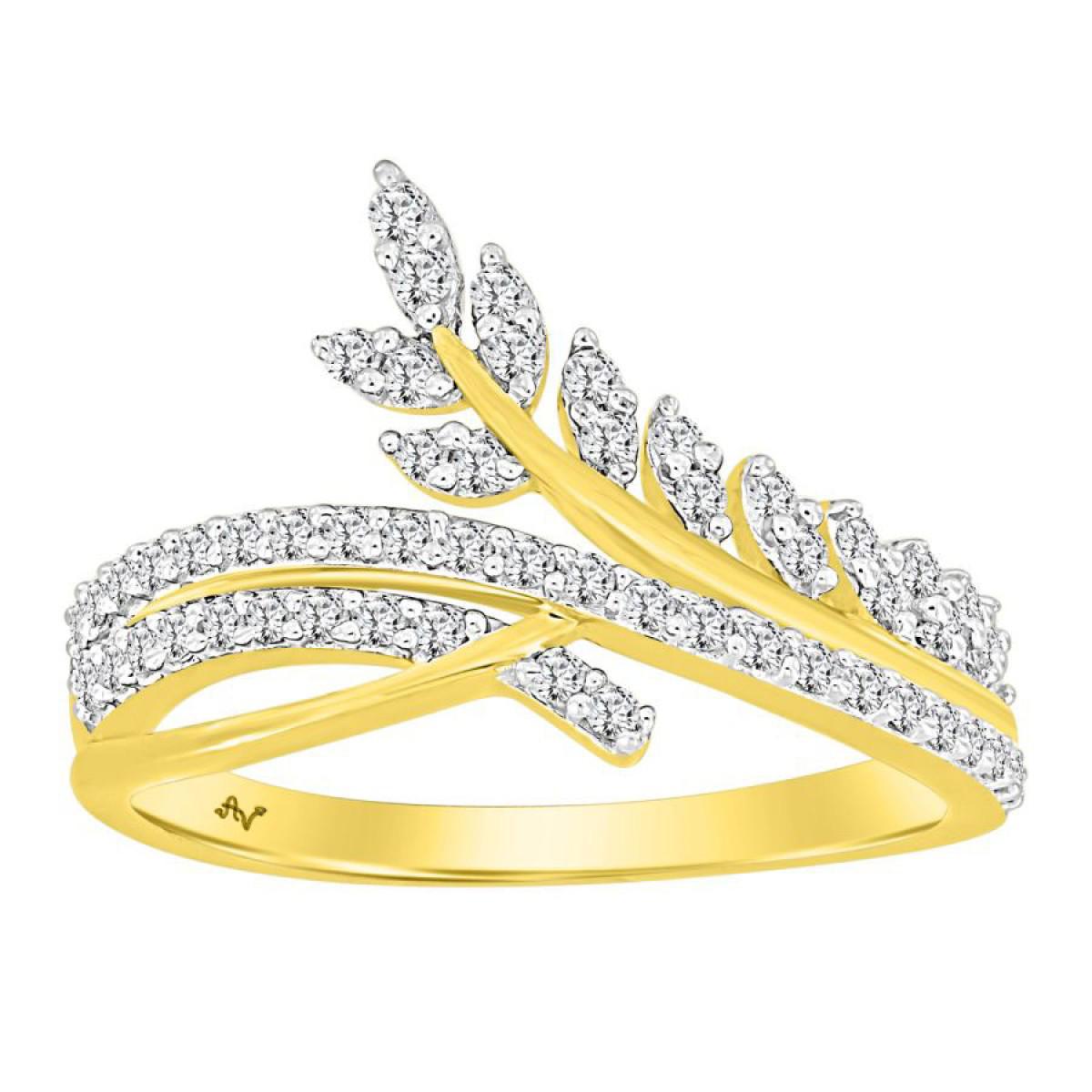 0.33ctw Diamond Leaf Ring 14k Yellow Gold Crossover Bypass Band Design