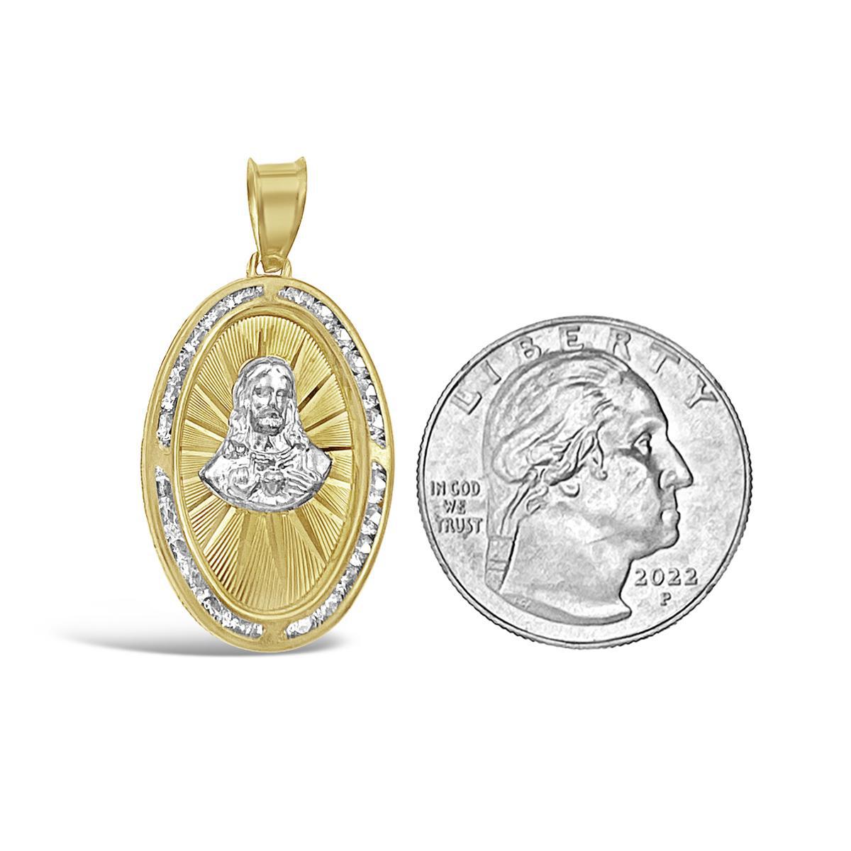 10k Two Tone Gold Jesus Head Oval Pendant CZ Charm 1.5 inch