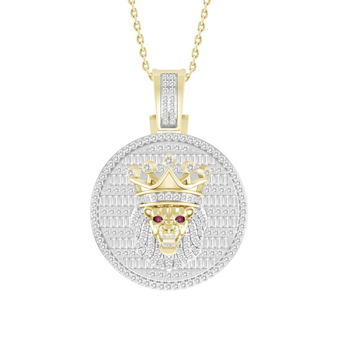 1 ctw Baguette Round Diamond Lion King Crown Pendant 10k Yellow Gold Mens