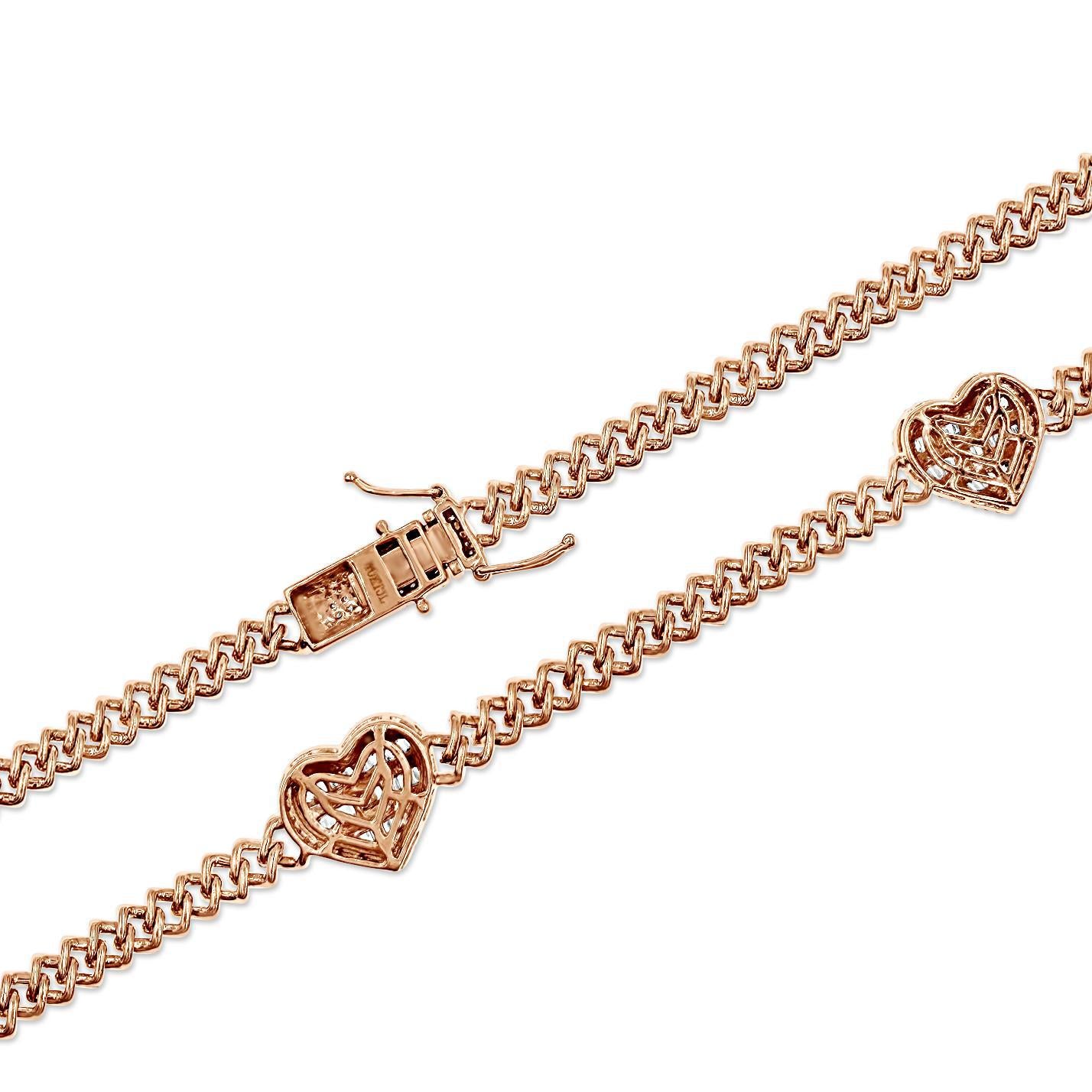 6.91 Cttw Diamond Baguette Hearts Necklace Iced Cuban Link 10k Rose Gold
