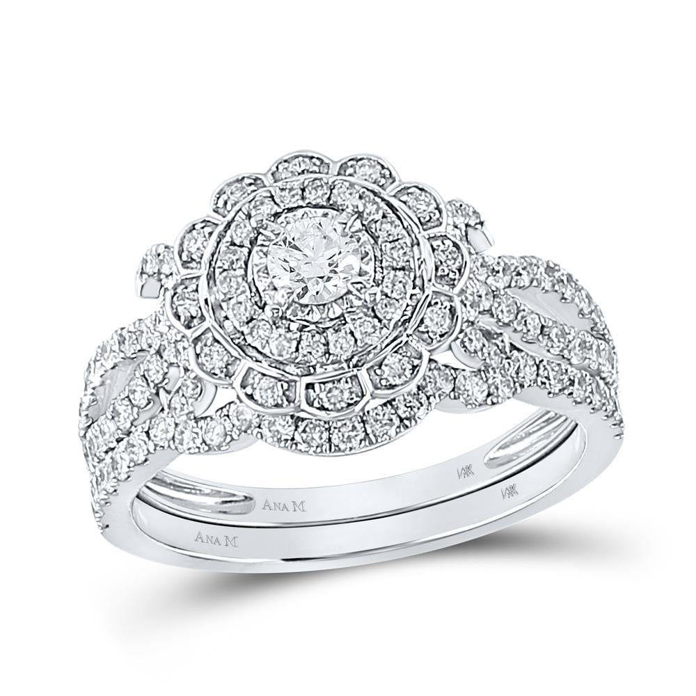 1 Cttw Round Diamond Halo Bridal Wedding Ring Set Band 14k White Gold