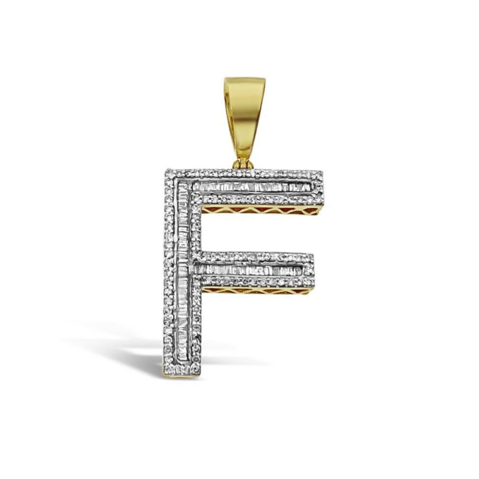 1.50 Cttw Baguette Round Diamond F Initial Letter Pendant 10k Yellow Gold Charm