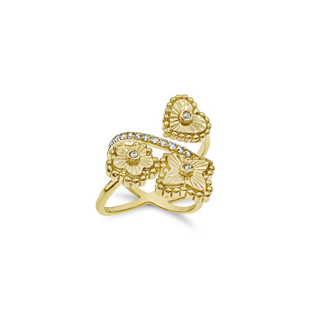 14k Yellow Gold Bypass Ring Womens Crossover Flower Heart Band CZ