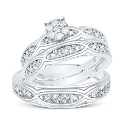 1/3cttw Diamond Trio Wedding His Hers Set Band Ring Round Cluster 10k White Gold