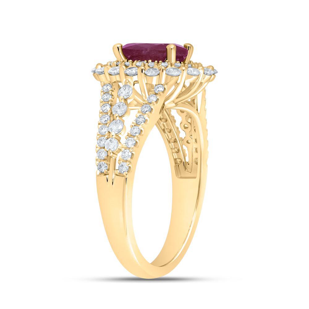 Natural Oval Ruby & Diamond Round Womens Ring 14k Yellow Gold 2.37 Cttw