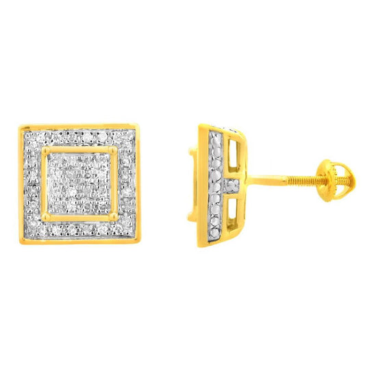 0.25ctw Diamond Square Cluster Stud Earrings 10k Yellow Gold Mens Screw Back