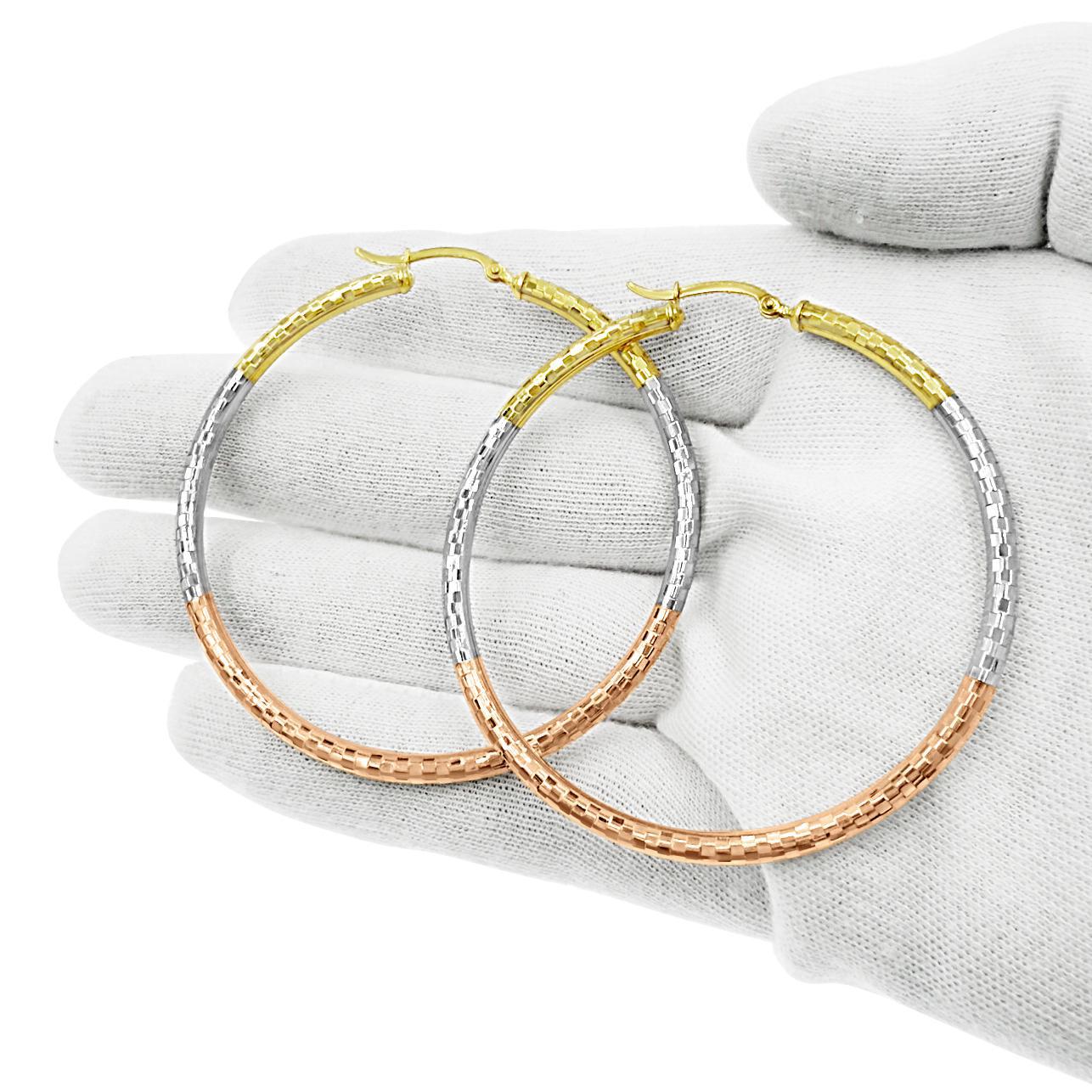 10K Tri Color Gold Textured Womens Large Hoop Earrings 2.2 Inch 3mm