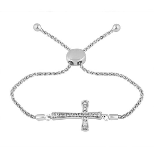 0.20 cttw Diamond Cross Adjustable Bolo Bracelet 925 Sterling Silver