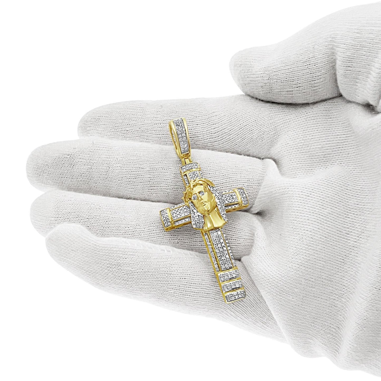 0.50 cttw Diamond Cross Jesus Head Pendant Mens Charm 10k Yellow Gold 2.2 inch
