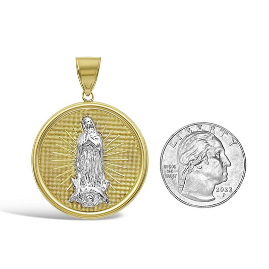 Virgin Mary Round Pendant 10k Two Tone Gold Lady Guadalupe Charm 1.8 inch
