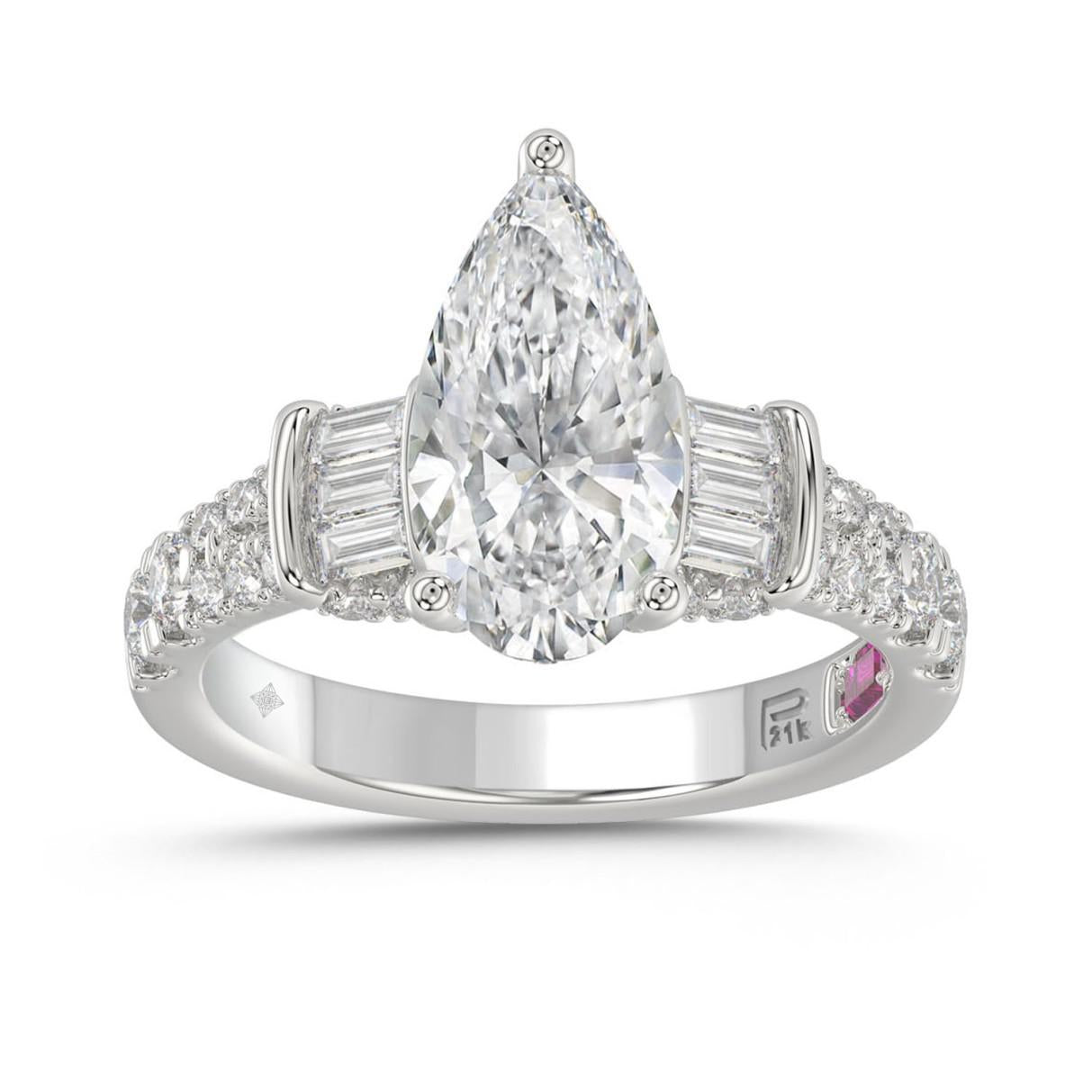 2.75 cttw Lab Grown Pear Baguette Diamond IGI Internal Stone Ring White Platinum