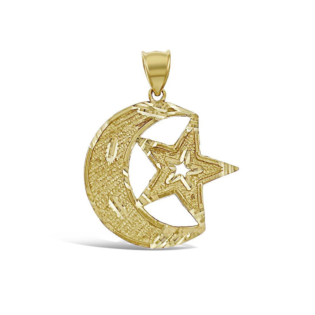 Moon Star Islamic Muslim Pendant Charm 10k Yellow Gold 1.5 inch