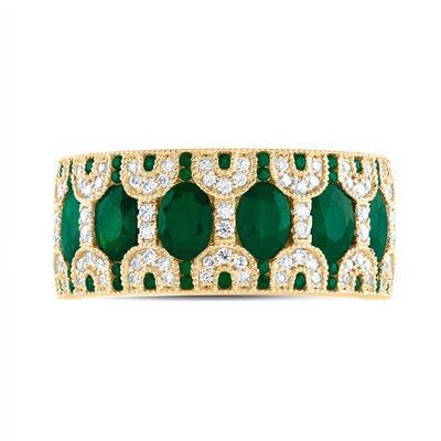 14K Yellow Gold Emerald & Diamond Wide Band Ring