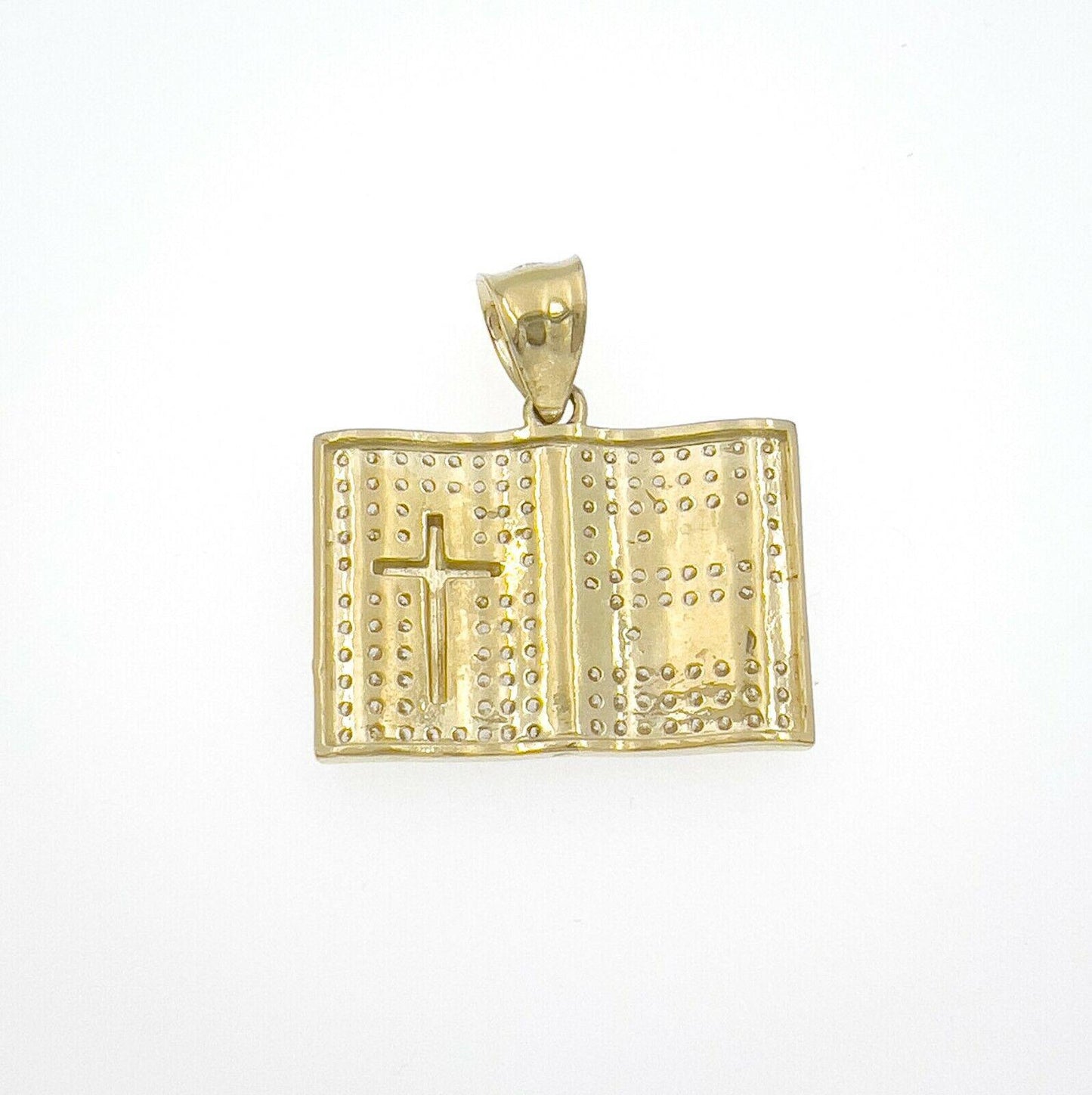 Holy Bible Praying Book Pendant CZ Charm 10k Yellow Gold 1"