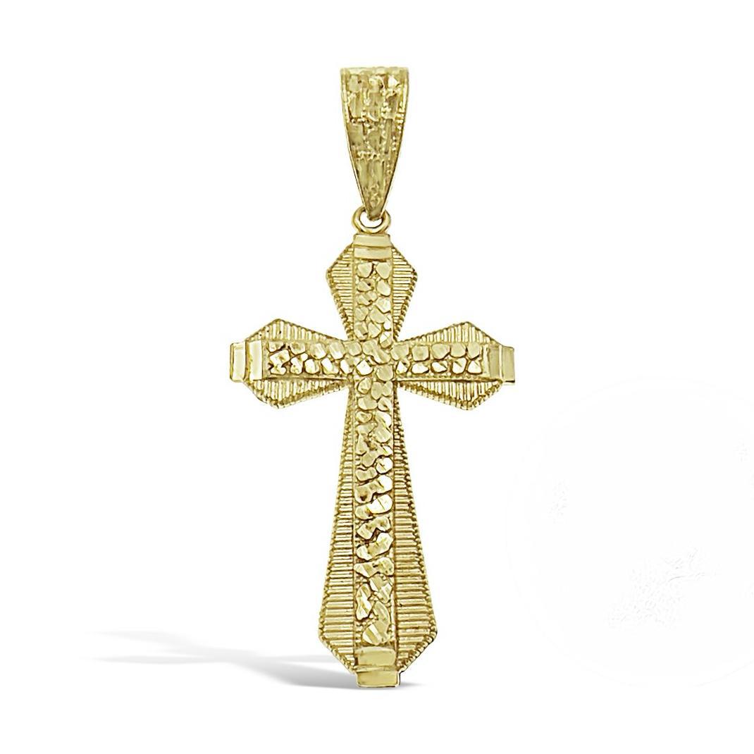 Cross Nugget Charm Mens Pendant Real 10k Yellow Gold 2.2 inch