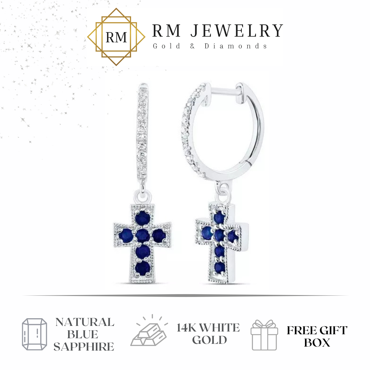 Natural Blue Sapphire & Diamond Cross Hoop Dangle Drop Earrings 14k White Gold