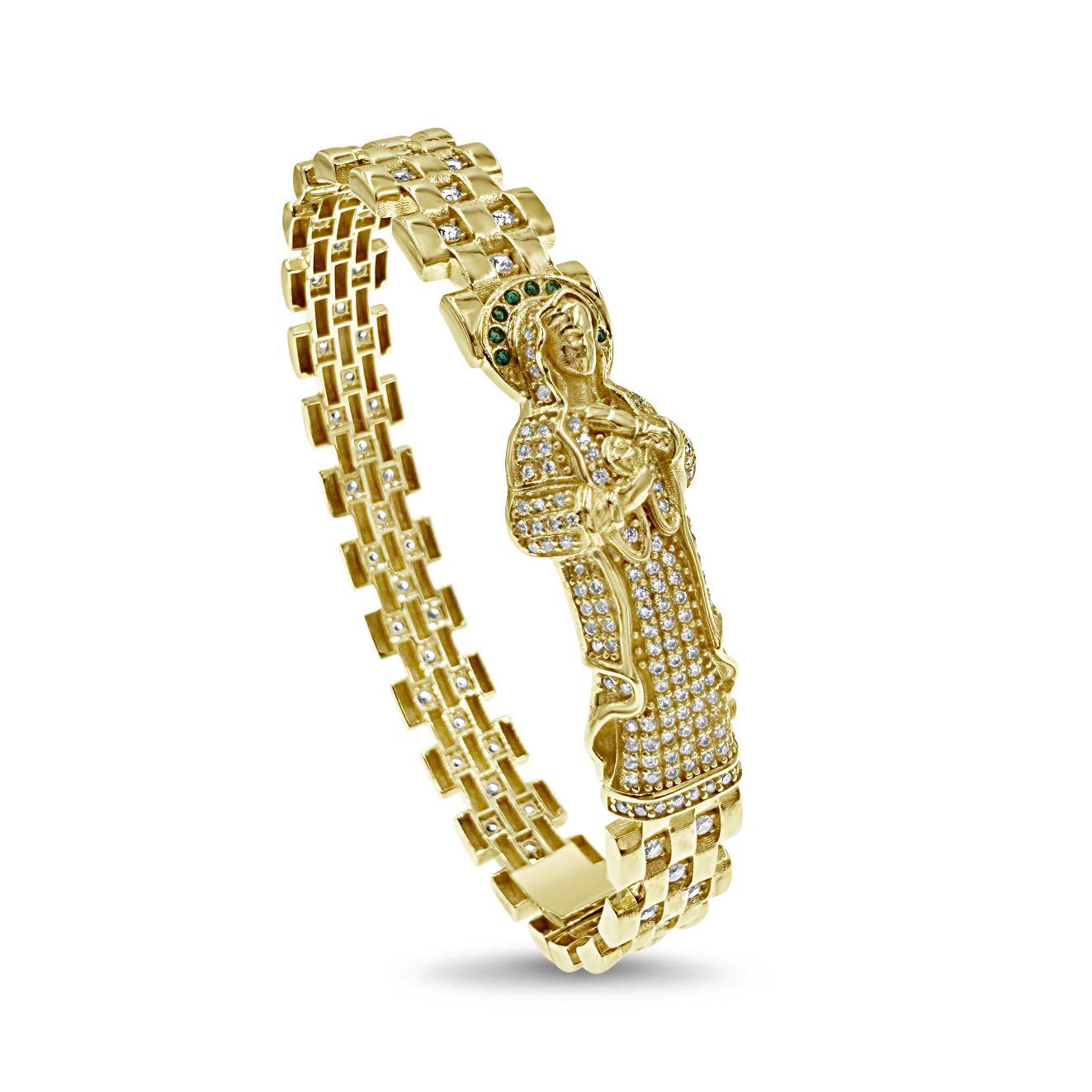 10K Yellow Gold Virgin Mary Guadalupe CZ Hinged Mens Bangle Bracelet