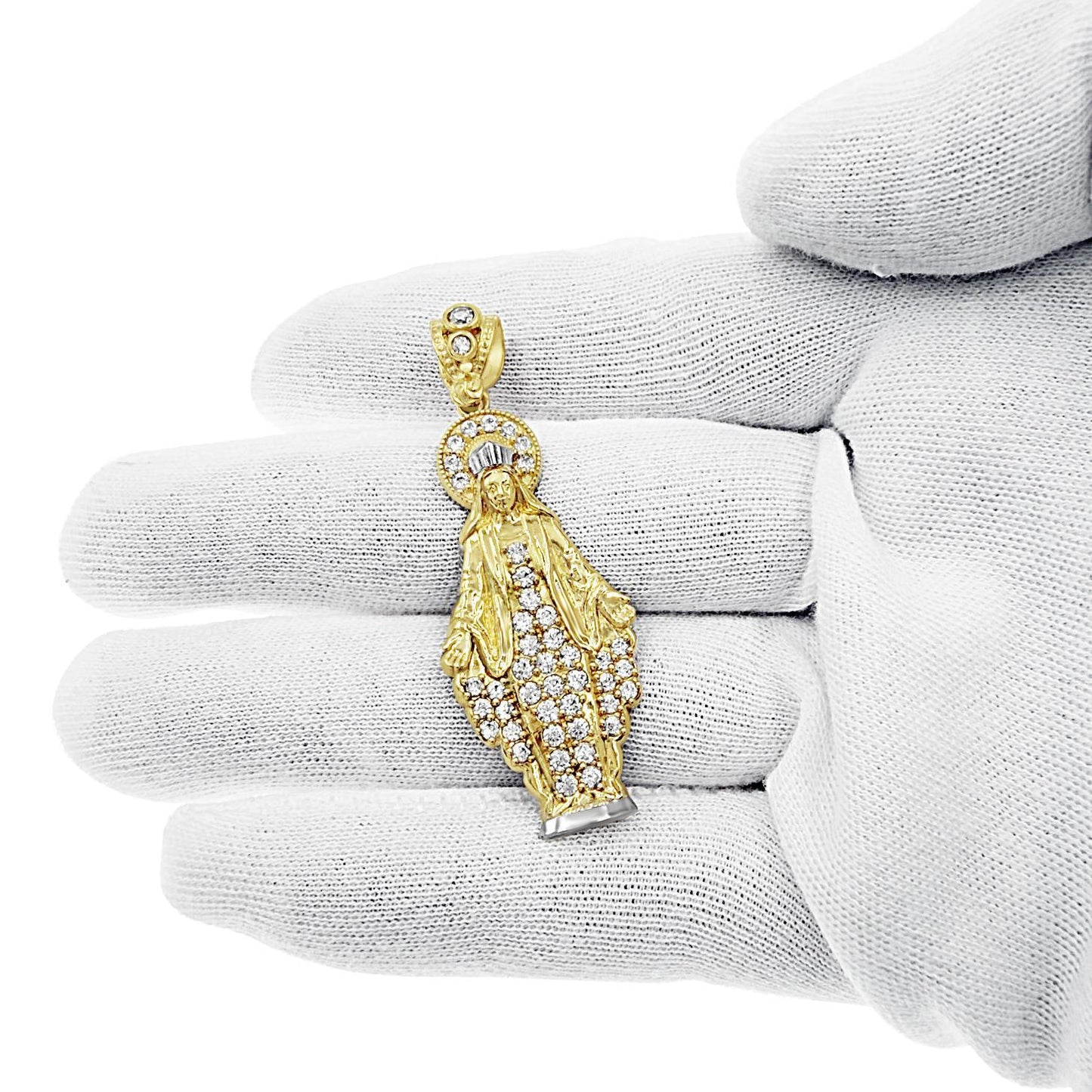 14K Yellow Gold Virgin Mary Lady Guadalupe Pendant CZ Charm 1.6 inch