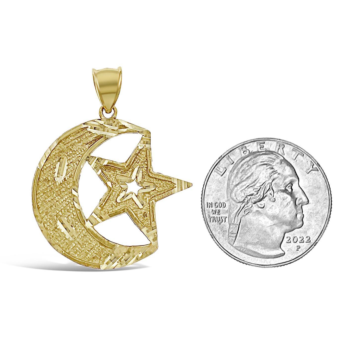 Moon Star Islamic Muslim Pendant Charm 10k Yellow Gold 1.5 inch