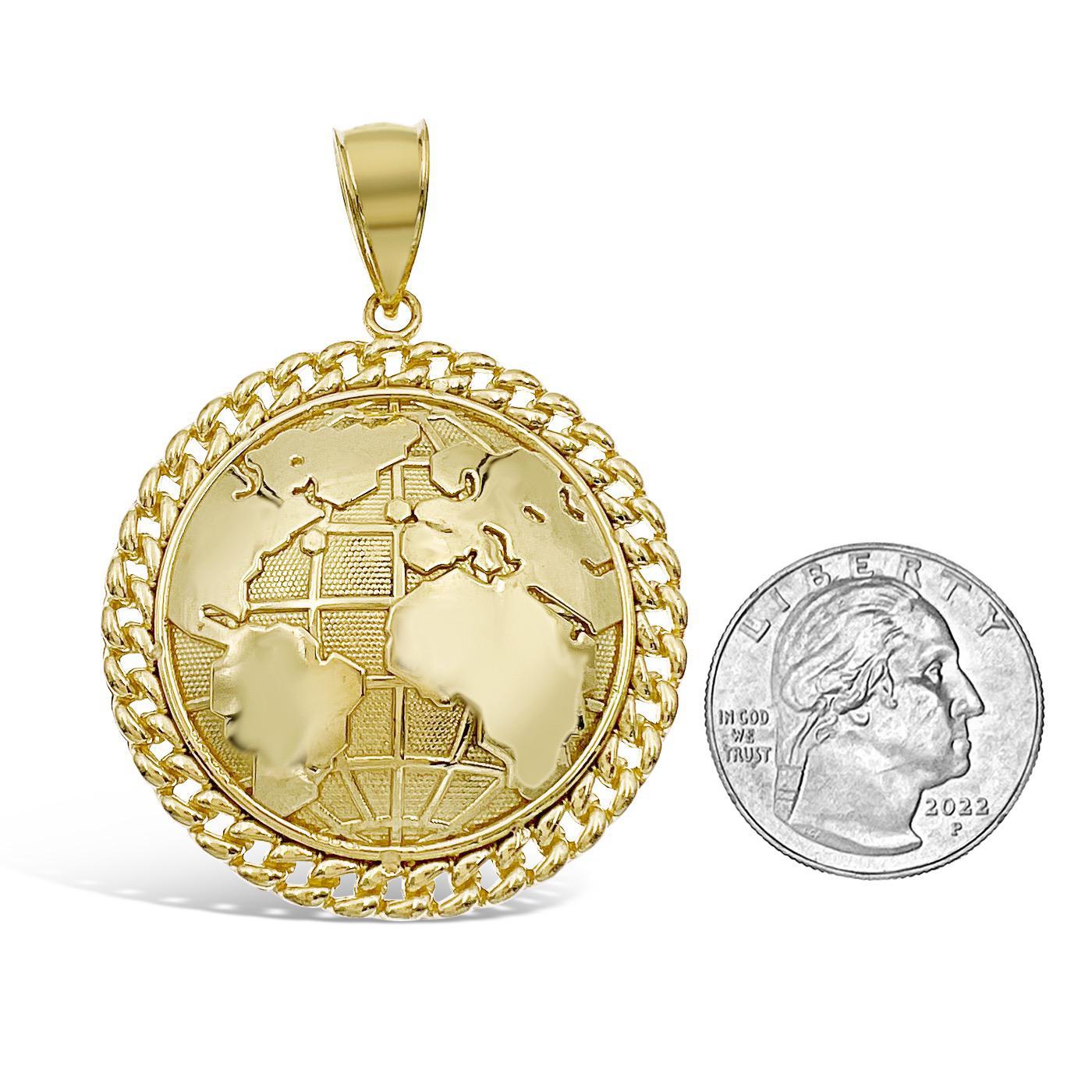 Globe Earth Pendant Mens Charm 10k Yellow Gold 2.3 inch