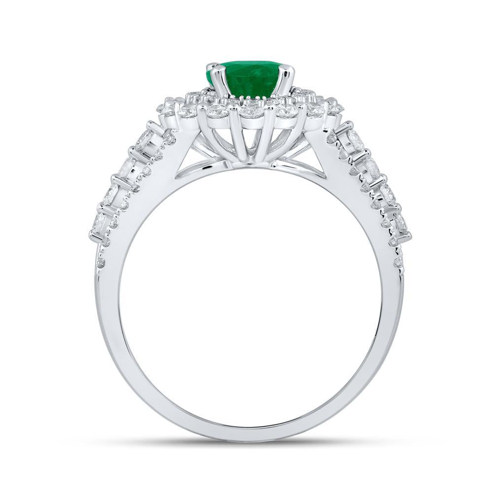 Natural Oval Emerald & Diamond Round Womens Ring 14k White Gold 1.87 Cttw