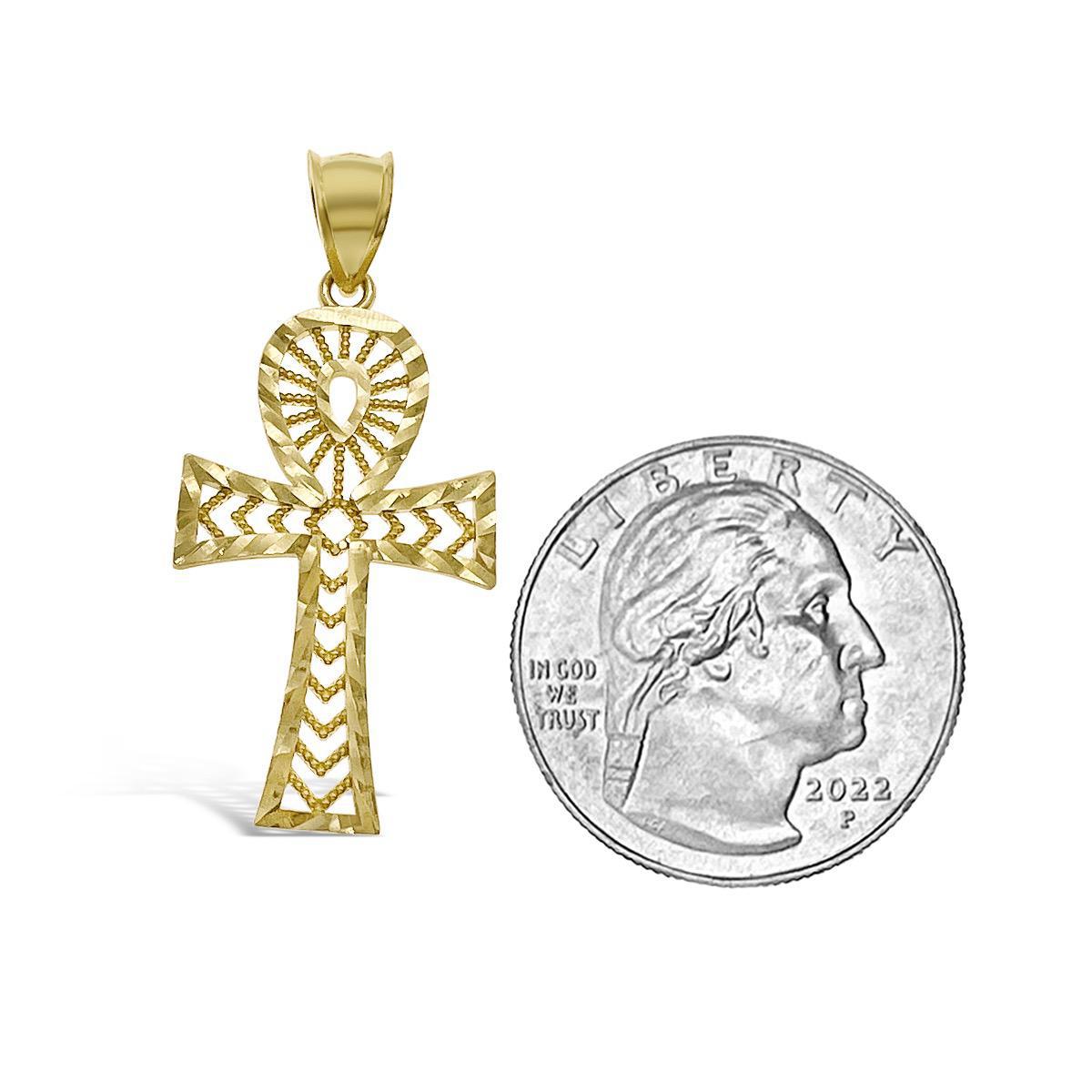 Egyptian Ankh Cross Pendant 10k Yellow Gold Charm 1.6"