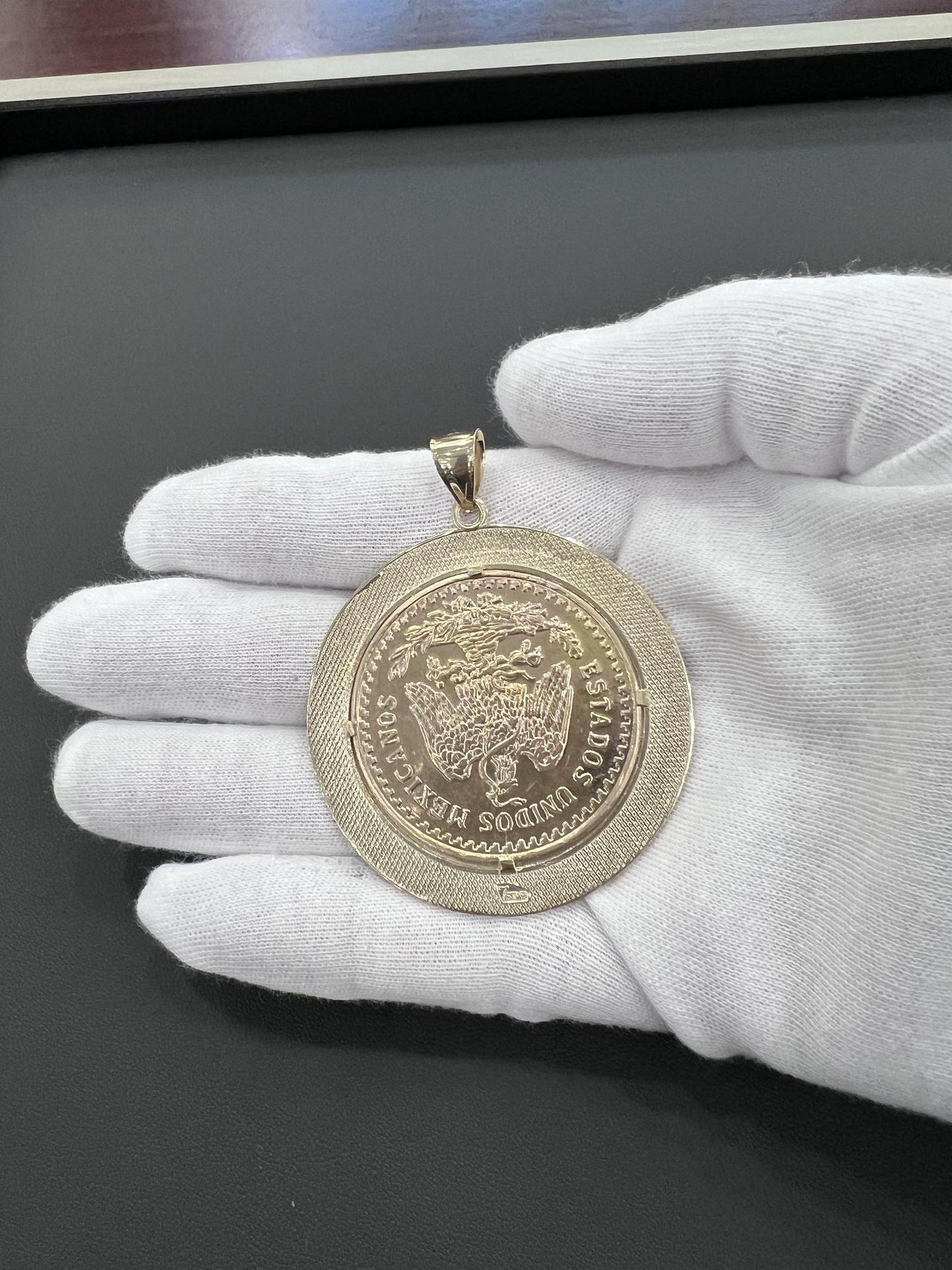 14k Gold Solid Mexican Centenario 50 Pesos 1947 Coin Pendant with Bezel