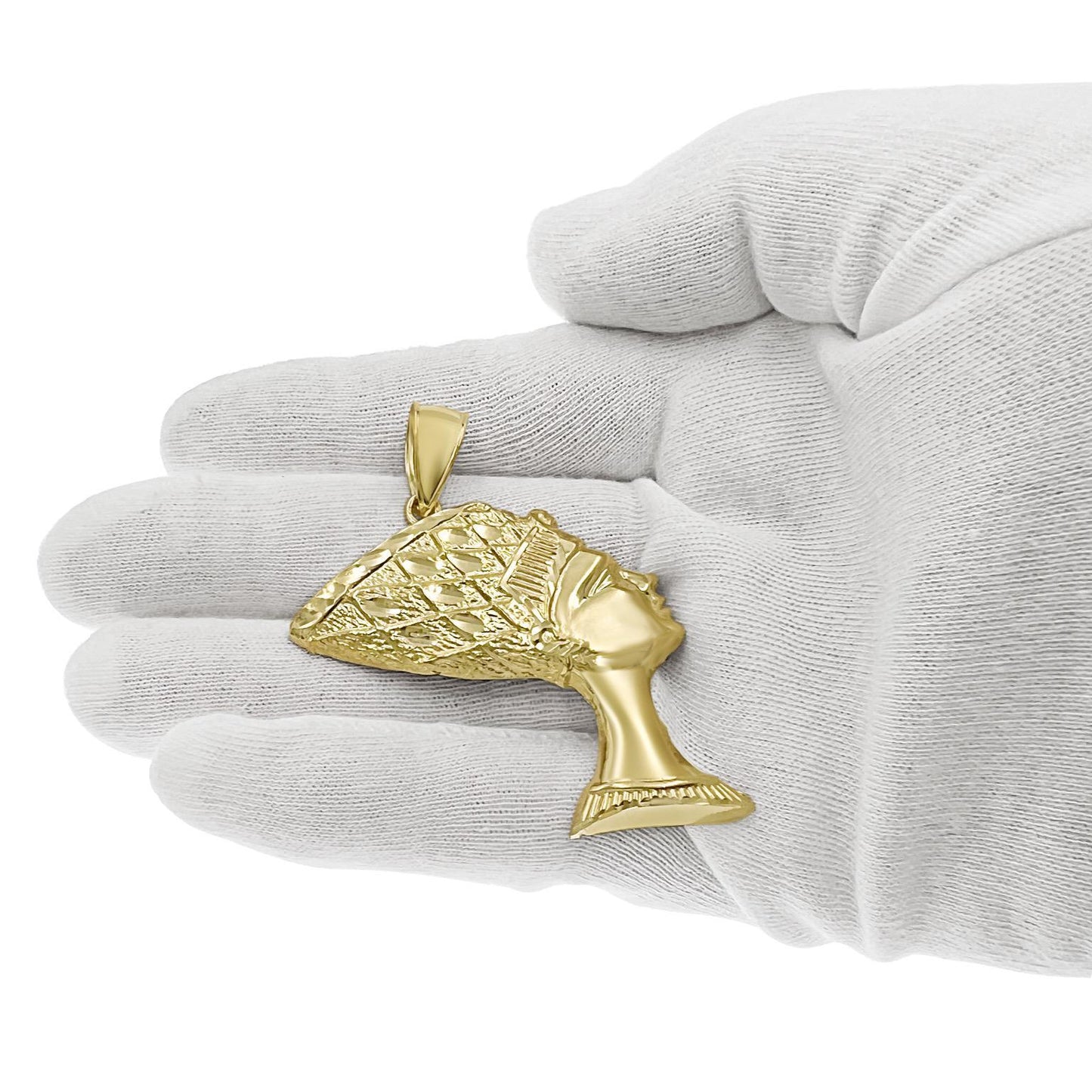 Nefertiti Egyptian Queen Pendant Mens Charm 10k Yellow Gold 2.4 inch