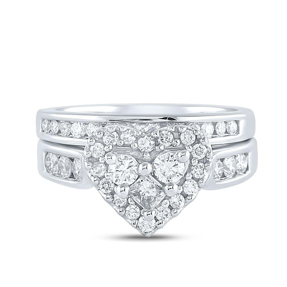 14k White Gold Princess Diamond Heart Cluster Bridal Wedding Ring Band Set 1Cttw