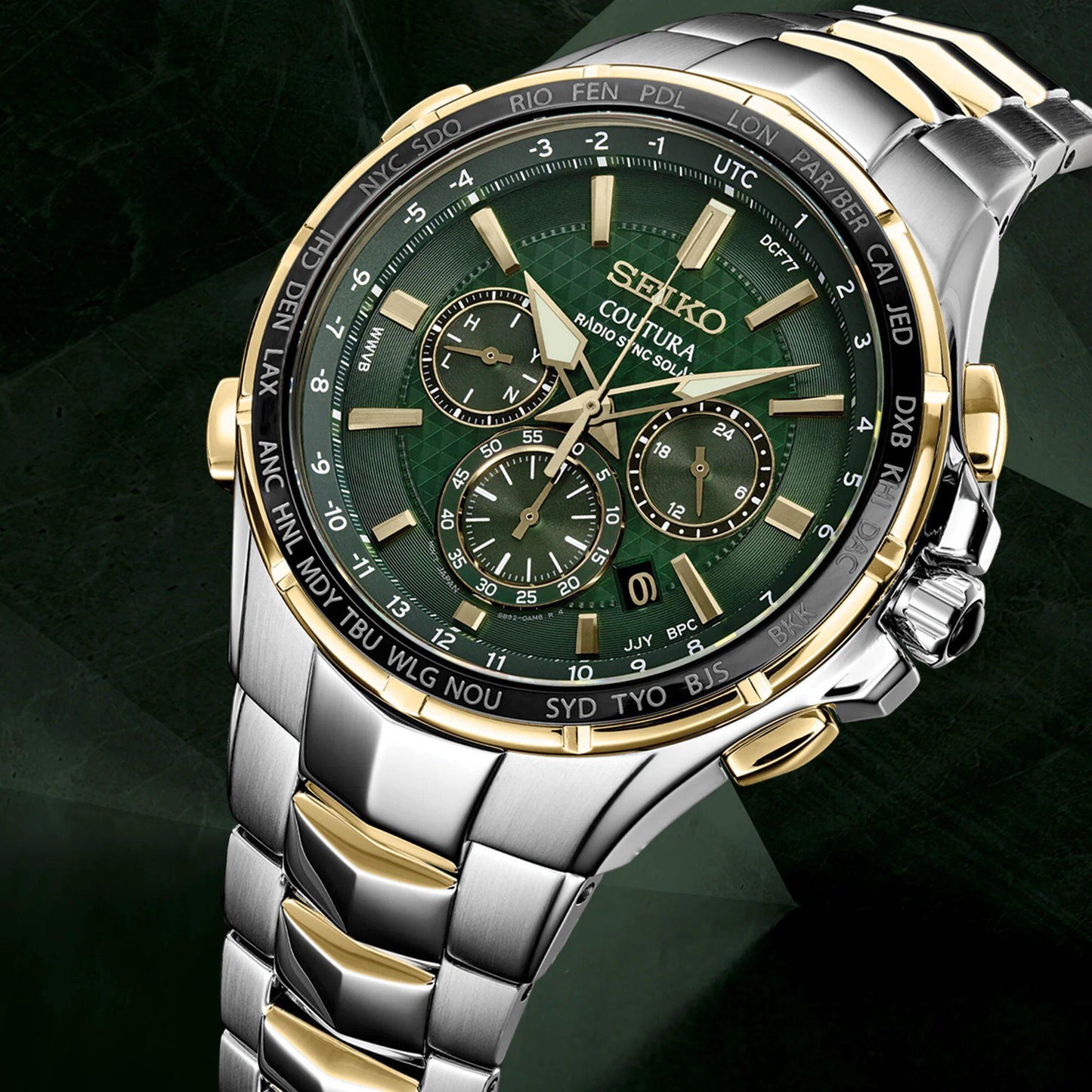 Seiko Coutura Radio Sync Solar Chronograph Mens Green Dial Watch SSG022
