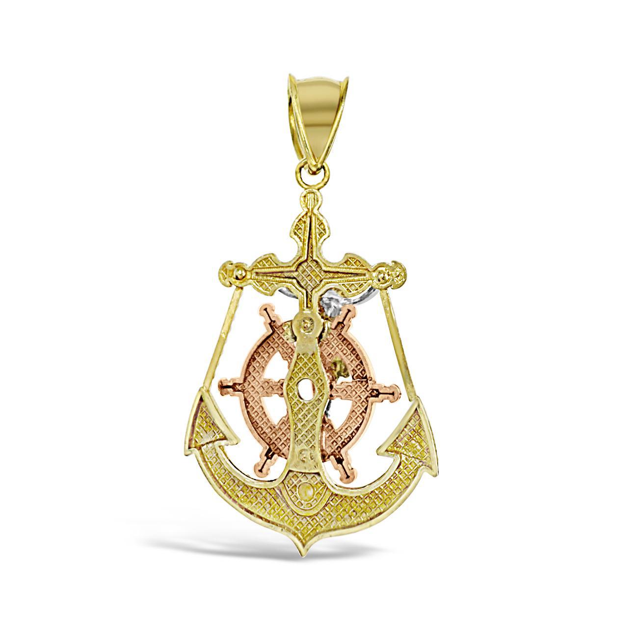 Anchor Jesus Crucifix Cross Mens Pendant 10k Tri Color Gold Charm 1.5 inch