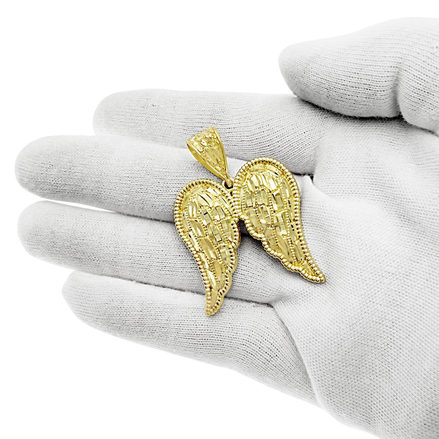 Wings Pendant Mens Charm 10k Yellow Gold Diamond Cut 1.7 inch