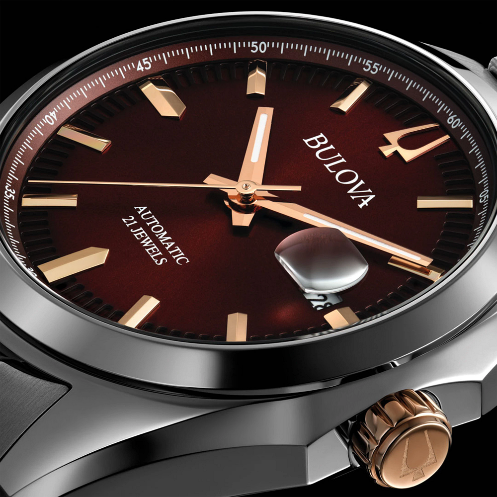 Bulova Surveyor Automatic Burgunday Dial Mens Watch 98B422
