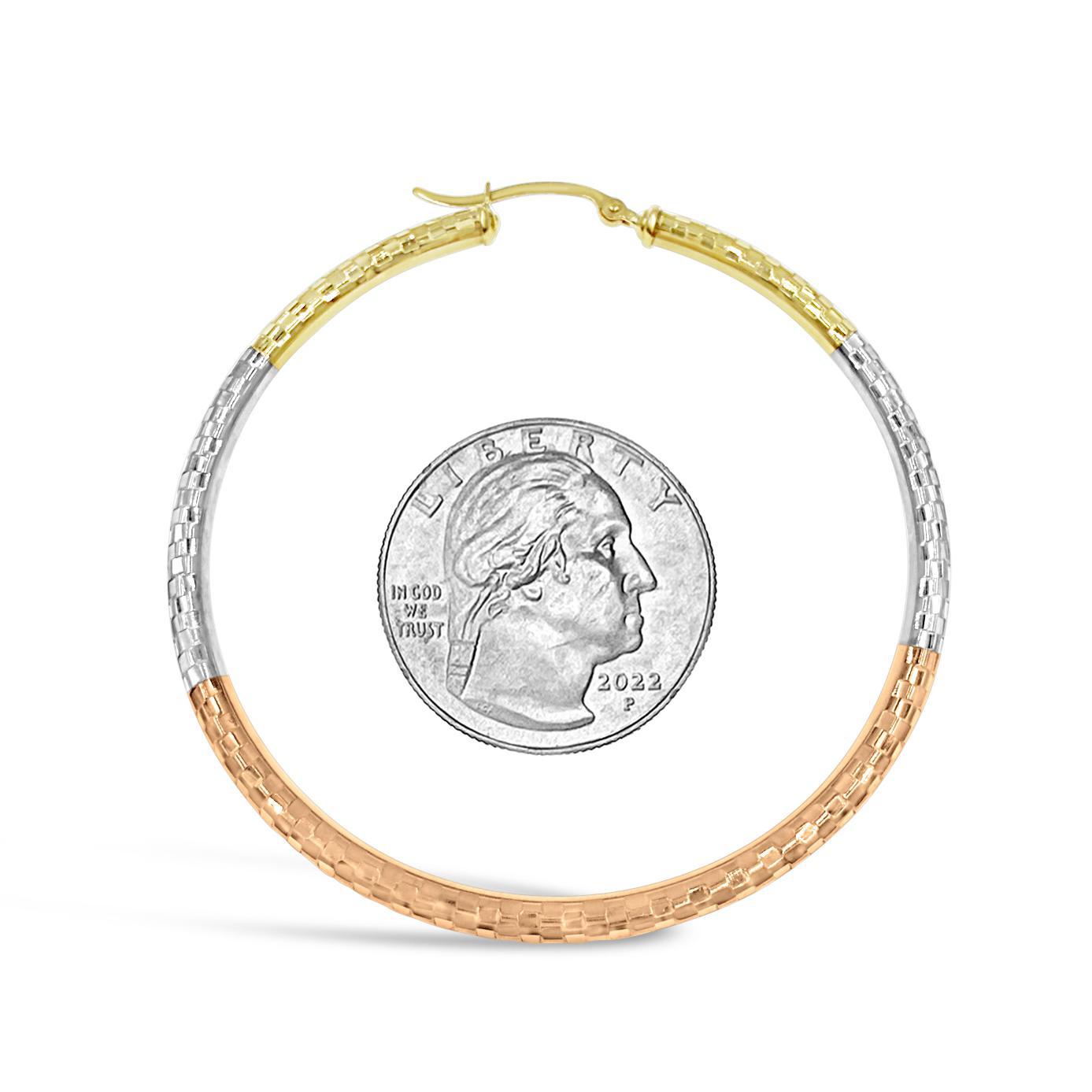 10K Tri Color Gold Textured Womens Large Hoop Earrings 2.2 Inch 3mm